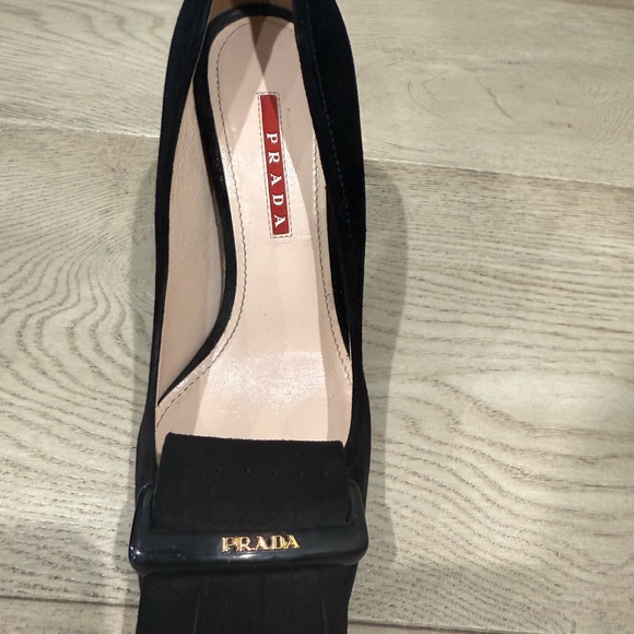 PRADA Black Suede Block Heel Pumps Logo Buckle & Fringe, Size 38 - Picture 8 of 8